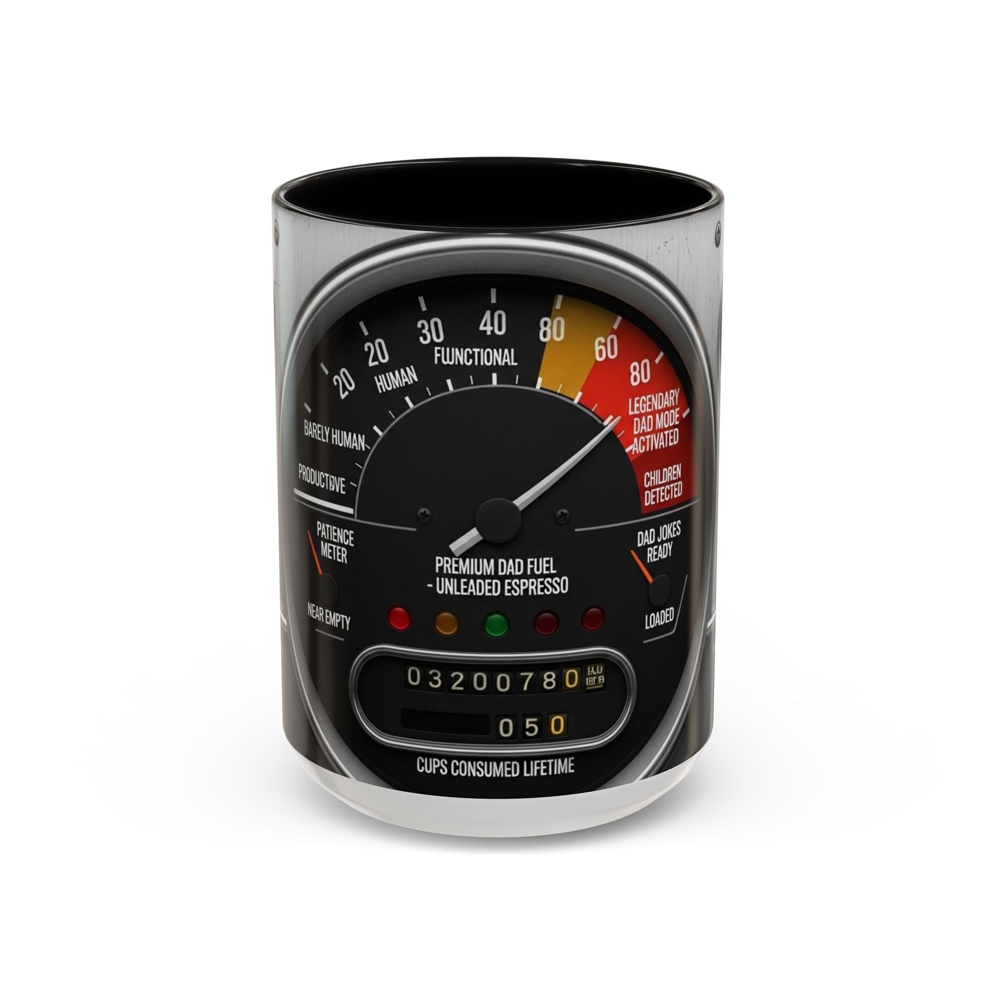 Accent Coffee Mug — "Premium Dad Fuel: Legendary Dad Mode Activated" Vintage Gauge Design