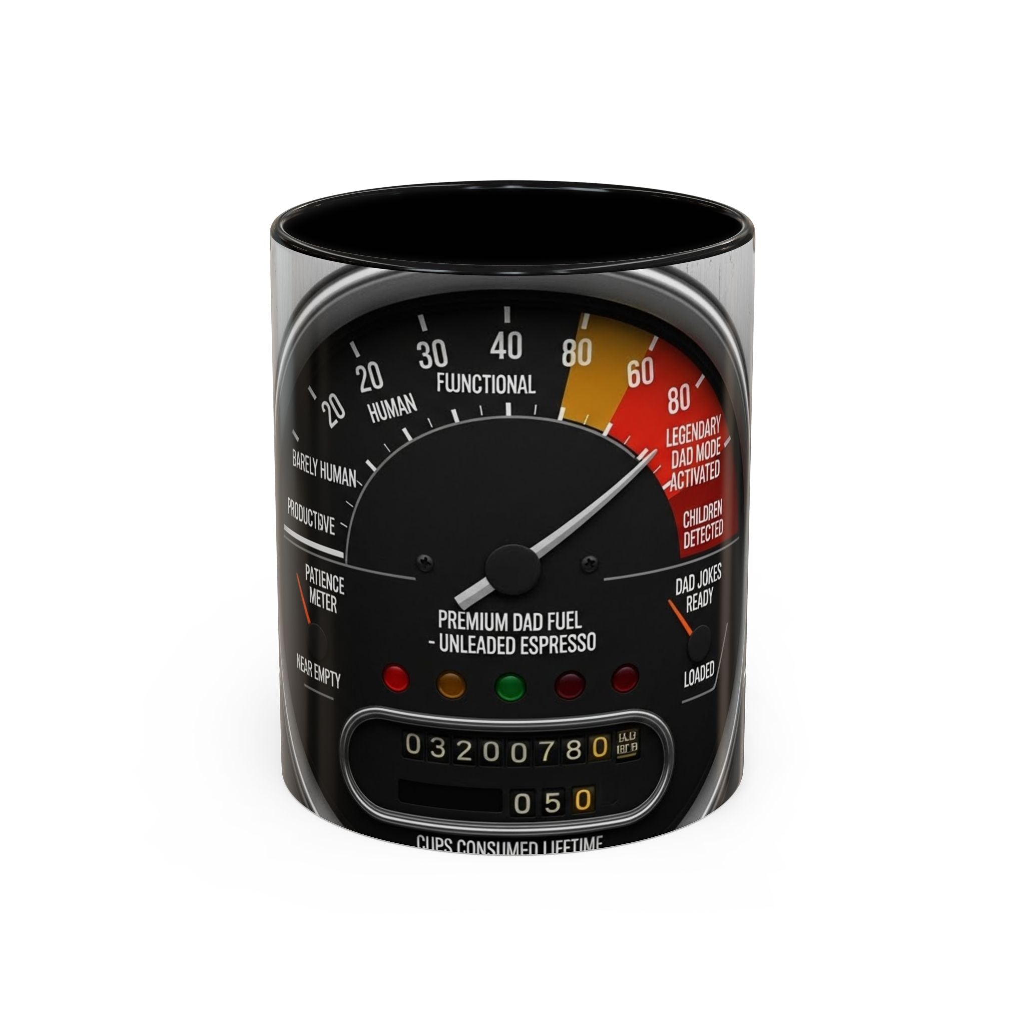 Accent Coffee Mug — "Premium Dad Fuel: Legendary Dad Mode Activated" Vintage Gauge Design
