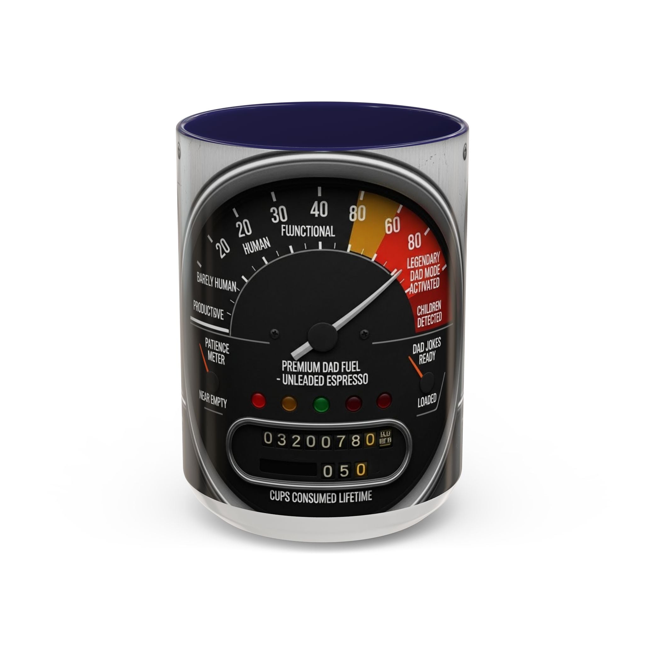 Accent Coffee Mug — "Premium Dad Fuel: Legendary Dad Mode Activated" Vintage Gauge Design