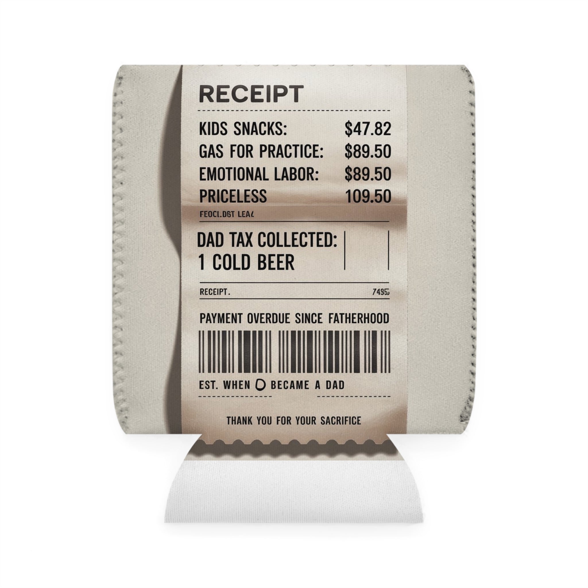 Can Cooler Sleeve — Vintage Receipt 'Dad Tax Collected: 1 Cold Beer' Design
