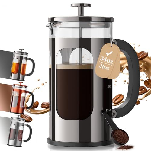 Veken French Press Coffee Maker 34oz 1 L, No Plastic Touching Cafe, Heat Resistant Thickened Borosilicate Glass, Stainless Steel Brewer, Cold Brew Cafetera Teapot for Kitchen Travel Camping, Copper