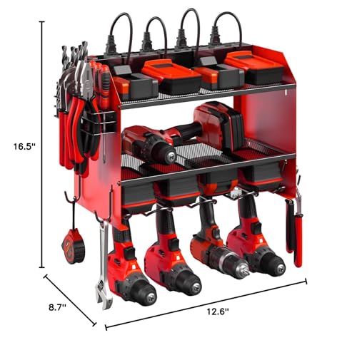 CCCEI Modular Power Tool Organizer Wall Mount with Charging Station. Garage Drill Storage Shelf with Hooks, Heavy Duty Rack, Tool Battery Holder Built in 8 Outlet. Gift for Men. Red, 1 Pack.