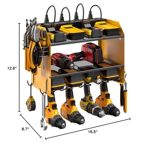 CCCEI Modular Power Tool Organizer Wall Mount with Charging Station. Garage Drill Storage Shelf with Hooks, Heavy Duty Rack, Tool Battery Holder Built in 8 Outlet. Gift for Men. Red, 1 Pack.