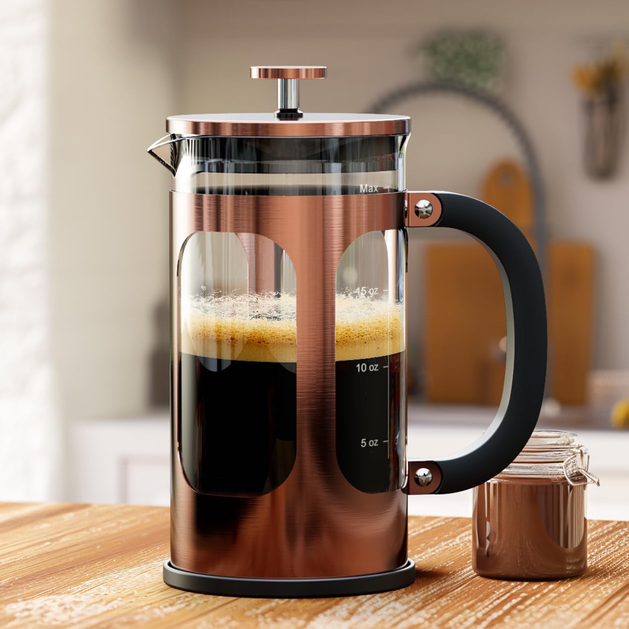 Veken French Press Coffee Maker 34oz 1 L, No Plastic Touching Cafe, Heat Resistant Thickened Borosilicate Glass, Stainless Steel Brewer, Cold Brew Cafetera Teapot for Kitchen Travel Camping, Copper