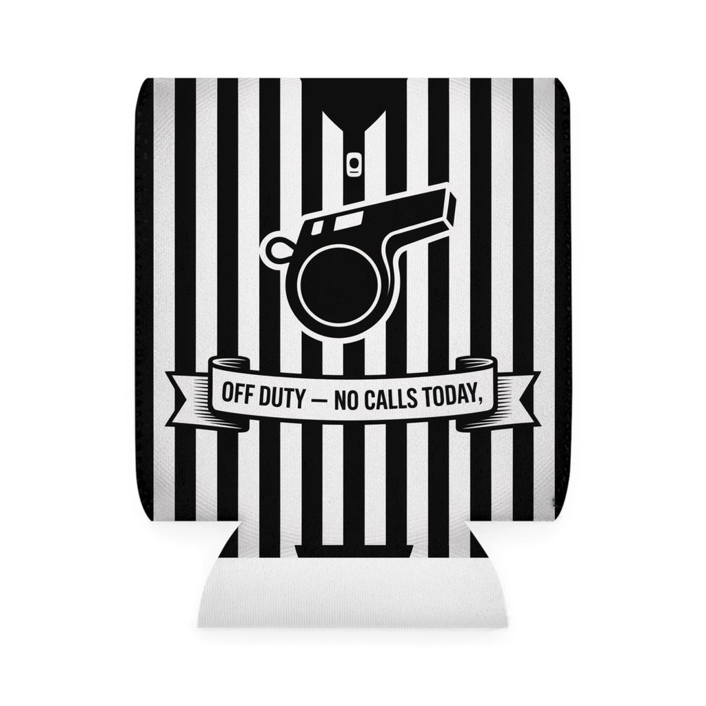 Black and white striped can cooler with a whistle graphic and text on a white background