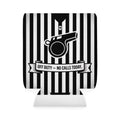 Black and white striped can cooler with a whistle graphic and text on a white background