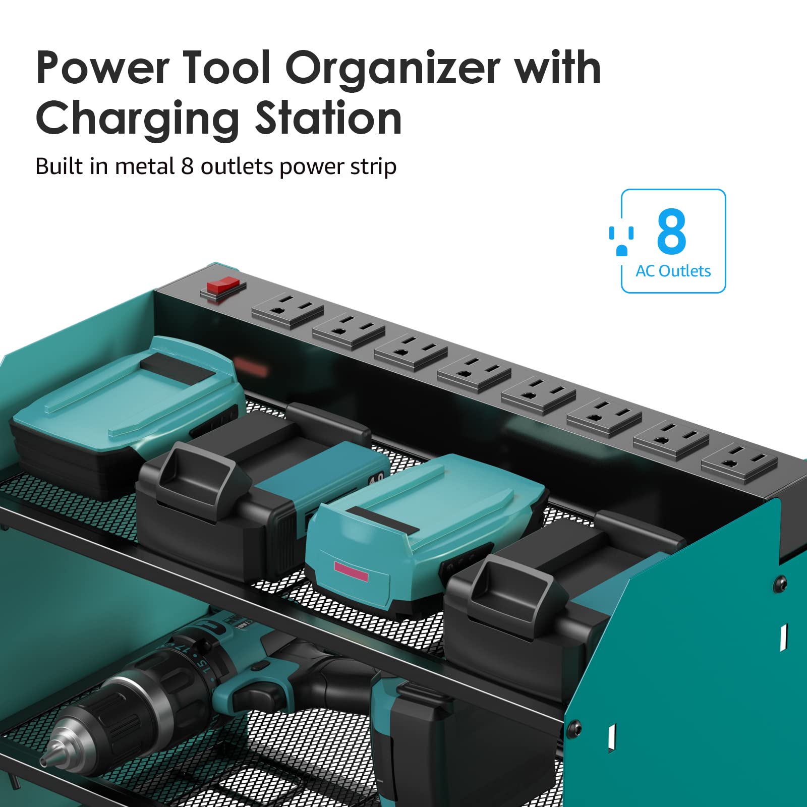 CCCEI Modular Power Tool Organizer Wall Mount with Charging Station. Garage Drill Storage Shelf with Hooks, Heavy Duty Rack, Tool Battery Holder Built in 8 Outlet. Gift for Men. Red, 1 Pack.