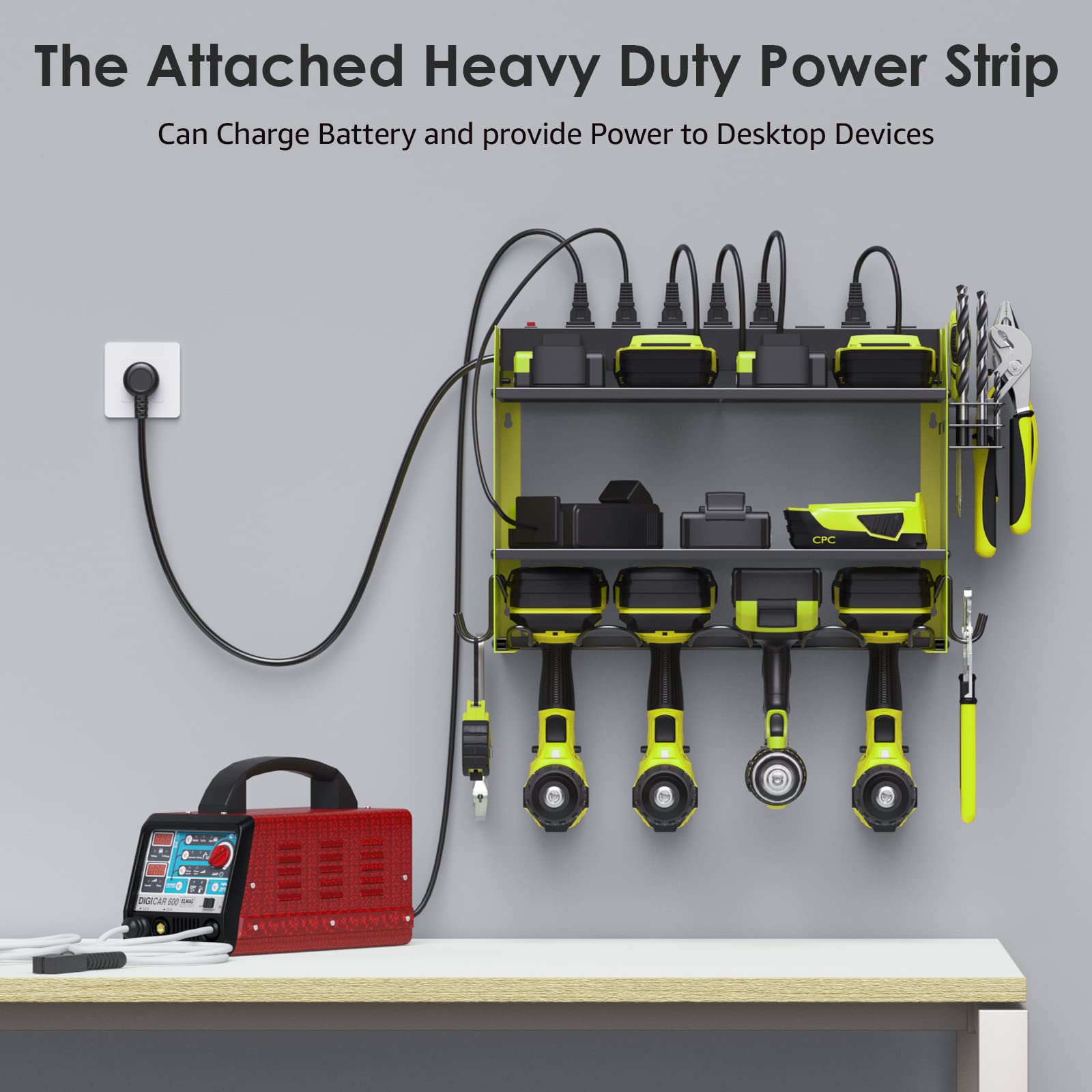 CCCEI Modular Power Tool Organizer Wall Mount with Charging Station. Garage Drill Storage Shelf with Hooks, Heavy Duty Rack, Tool Battery Holder Built in 8 Outlet. Gift for Men. Red, 1 Pack.