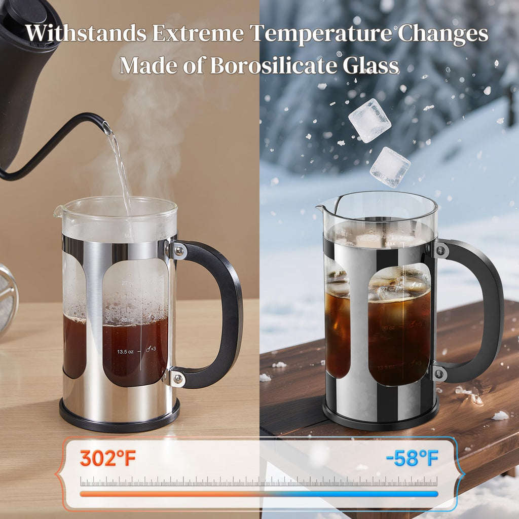 Veken French Press Coffee Maker 34oz 1 L, No Plastic Touching Cafe, Heat Resistant Thickened Borosilicate Glass, Stainless Steel Brewer, Cold Brew Cafetera Teapot for Kitchen Travel Camping, Copper