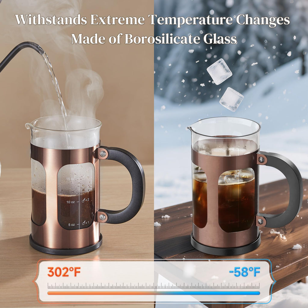 Veken French Press Coffee Maker 34oz 1 L, No Plastic Touching Cafe, Heat Resistant Thickened Borosilicate Glass, Stainless Steel Brewer, Cold Brew Cafetera Teapot for Kitchen Travel Camping, Copper