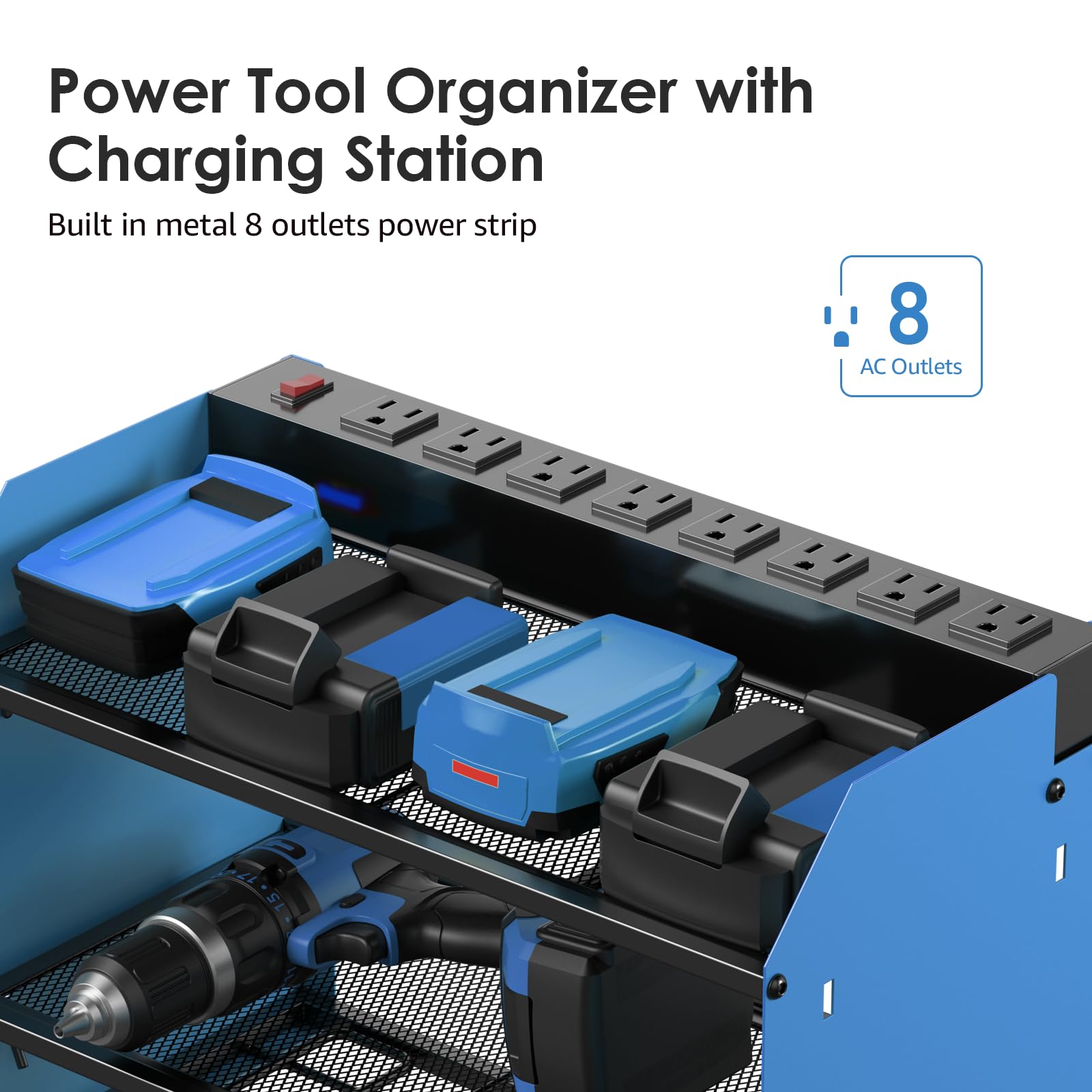 CCCEI Modular Power Tool Organizer Wall Mount with Charging Station. Garage Drill Storage Shelf with Hooks, Heavy Duty Rack, Tool Battery Holder Built in 8 Outlet. Gift for Men. Red, 1 Pack.