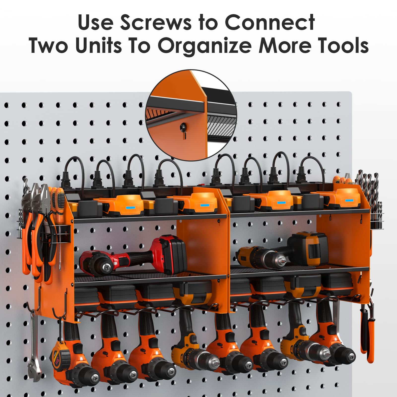 CCCEI Modular Power Tool Organizer Wall Mount with Charging Station. Garage Drill Storage Shelf with Hooks, Heavy Duty Rack, Tool Battery Holder Built in 8 Outlet. Gift for Men. Red, 1 Pack.