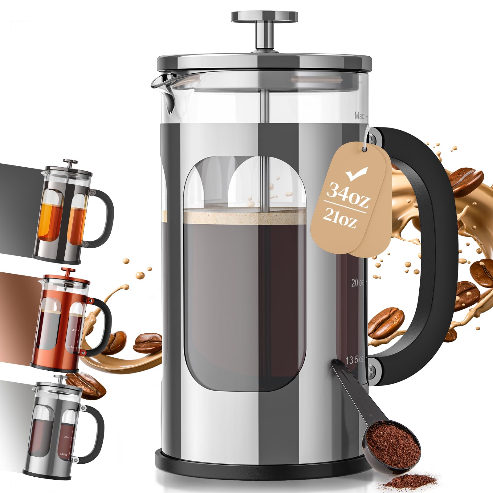 Veken French Press Coffee Maker 34oz 1 L, No Plastic Touching Cafe, Heat Resistant Thickened Borosilicate Glass, Stainless Steel Brewer, Cold Brew Cafetera Teapot for Kitchen Travel Camping, Copper