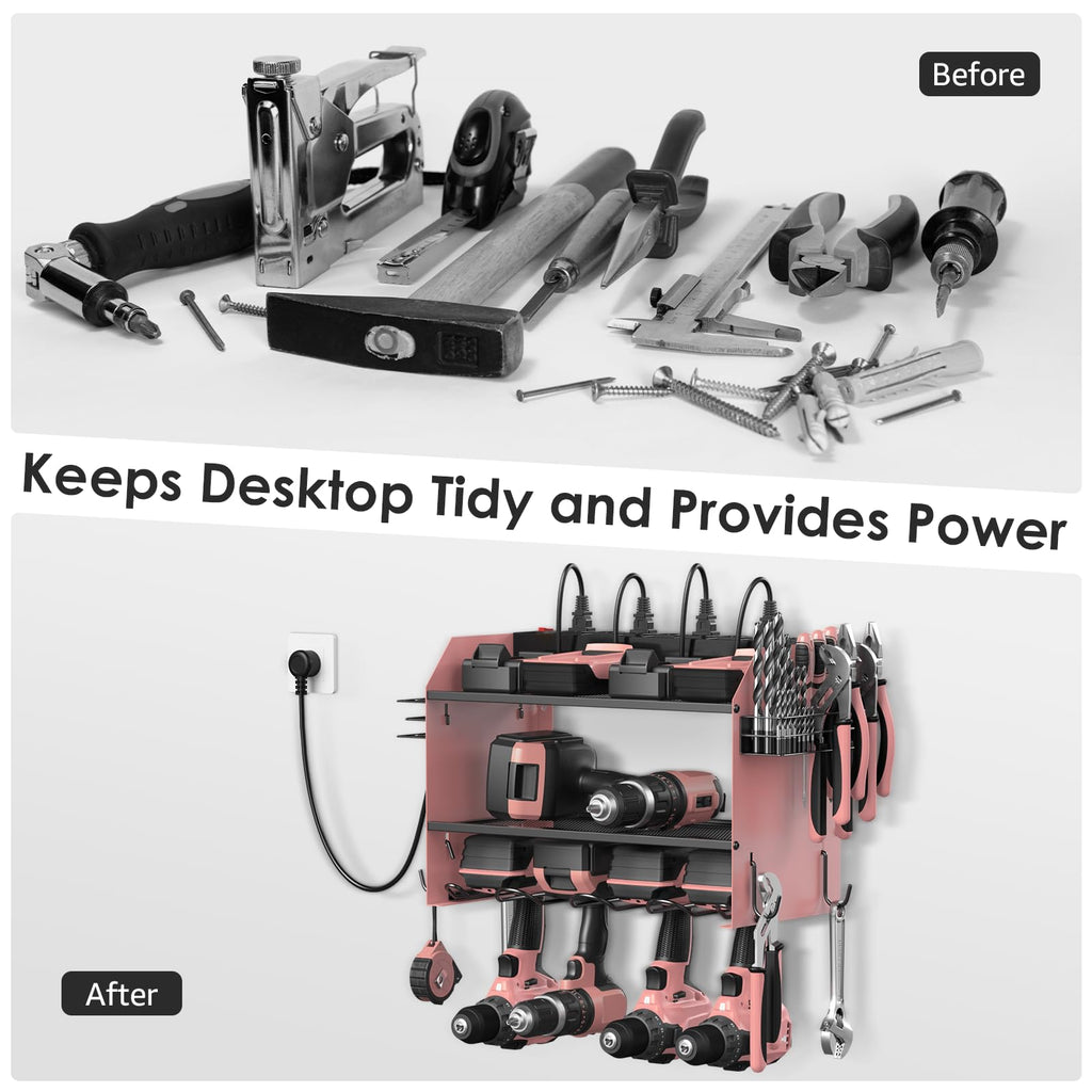 CCCEI Modular Power Tool Organizer Wall Mount with Charging Station. Garage Drill Storage Shelf with Hooks, Heavy Duty Rack, Tool Battery Holder Built in 8 Outlet. Gift for Men. Red, 1 Pack.