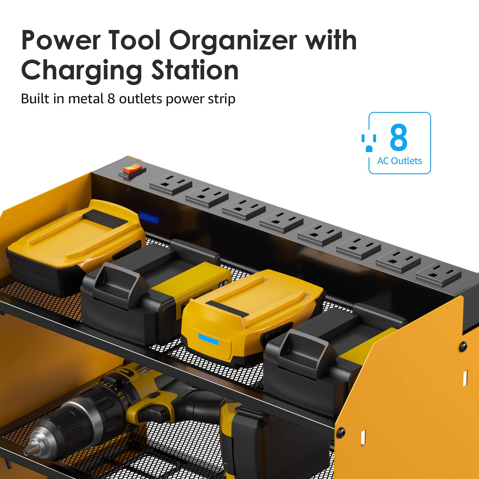 CCCEI Modular Power Tool Organizer Wall Mount with Charging Station. Garage Drill Storage Shelf with Hooks, Heavy Duty Rack, Tool Battery Holder Built in 8 Outlet. Gift for Men. Red, 1 Pack.