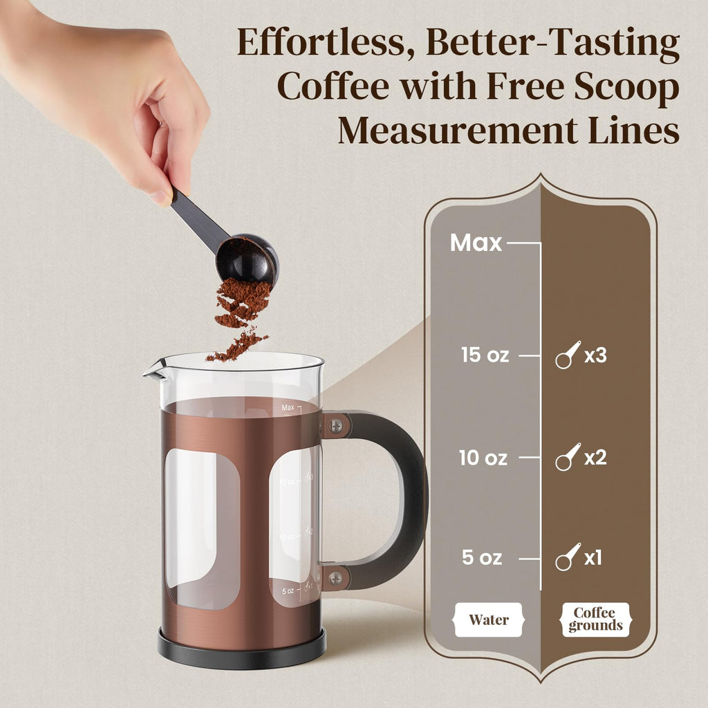 Veken French Press Coffee Maker 34oz 1 L, No Plastic Touching Cafe, Heat Resistant Thickened Borosilicate Glass, Stainless Steel Brewer, Cold Brew Cafetera Teapot for Kitchen Travel Camping, Copper