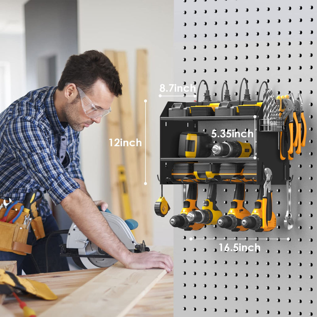 CCCEI Modular Power Tool Organizer Wall Mount with Charging Station. Garage Drill Storage Shelf with Hooks, Heavy Duty Rack, Tool Battery Holder Built in 8 Outlet. Gift for Men. Red, 1 Pack.