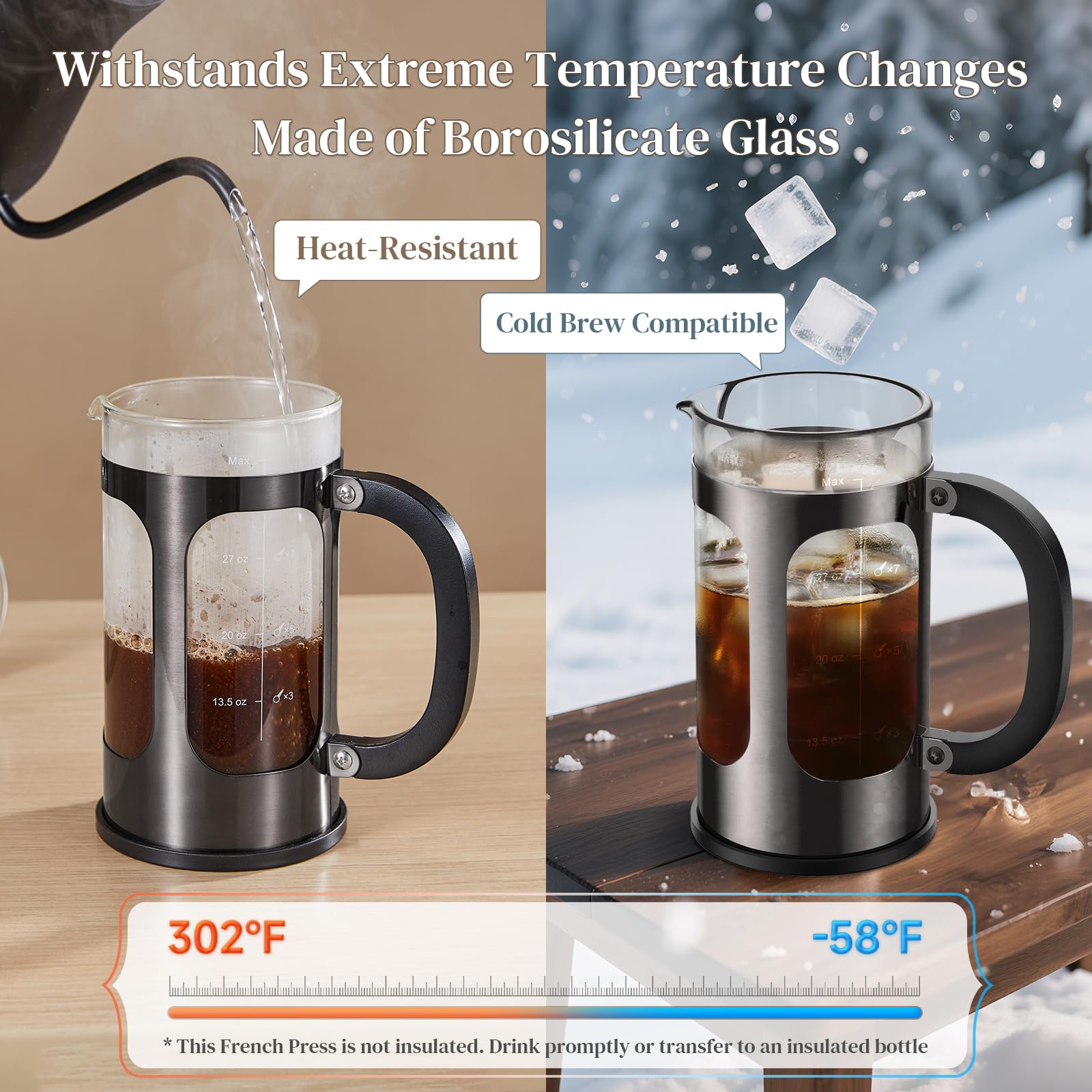 Veken French Press Coffee Maker 34oz 1 L, No Plastic Touching Cafe, Heat Resistant Thickened Borosilicate Glass, Stainless Steel Brewer, Cold Brew Cafetera Teapot for Kitchen Travel Camping, Copper