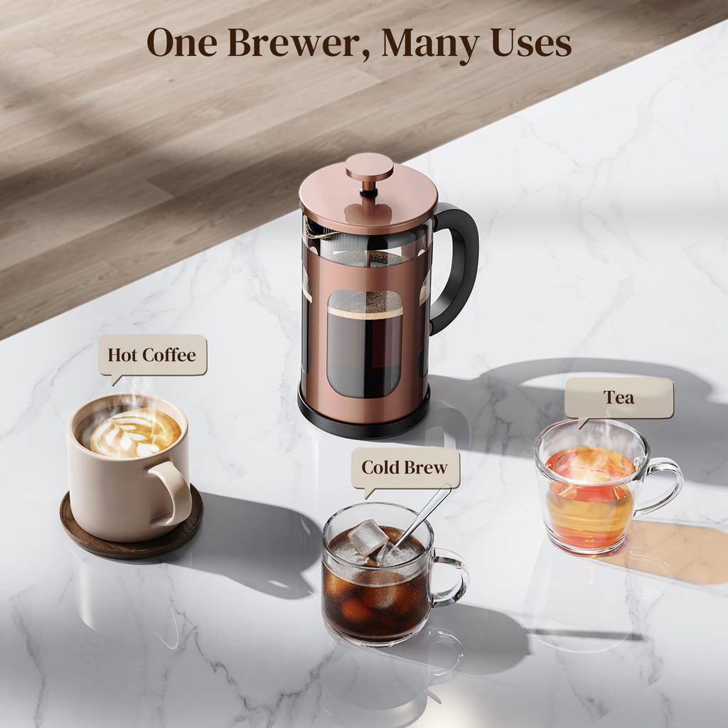 Veken French Press Coffee Maker 34oz 1 L, No Plastic Touching Cafe, Heat Resistant Thickened Borosilicate Glass, Stainless Steel Brewer, Cold Brew Cafetera Teapot for Kitchen Travel Camping, Copper