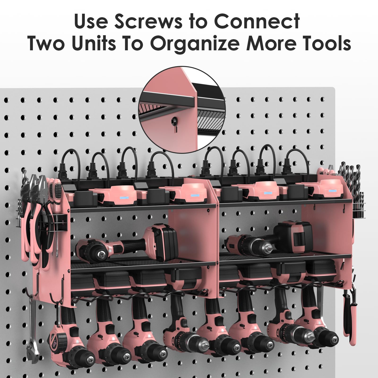 CCCEI Modular Power Tool Organizer Wall Mount with Charging Station. Garage Drill Storage Shelf with Hooks, Heavy Duty Rack, Tool Battery Holder Built in 8 Outlet. Gift for Men. Red, 1 Pack.