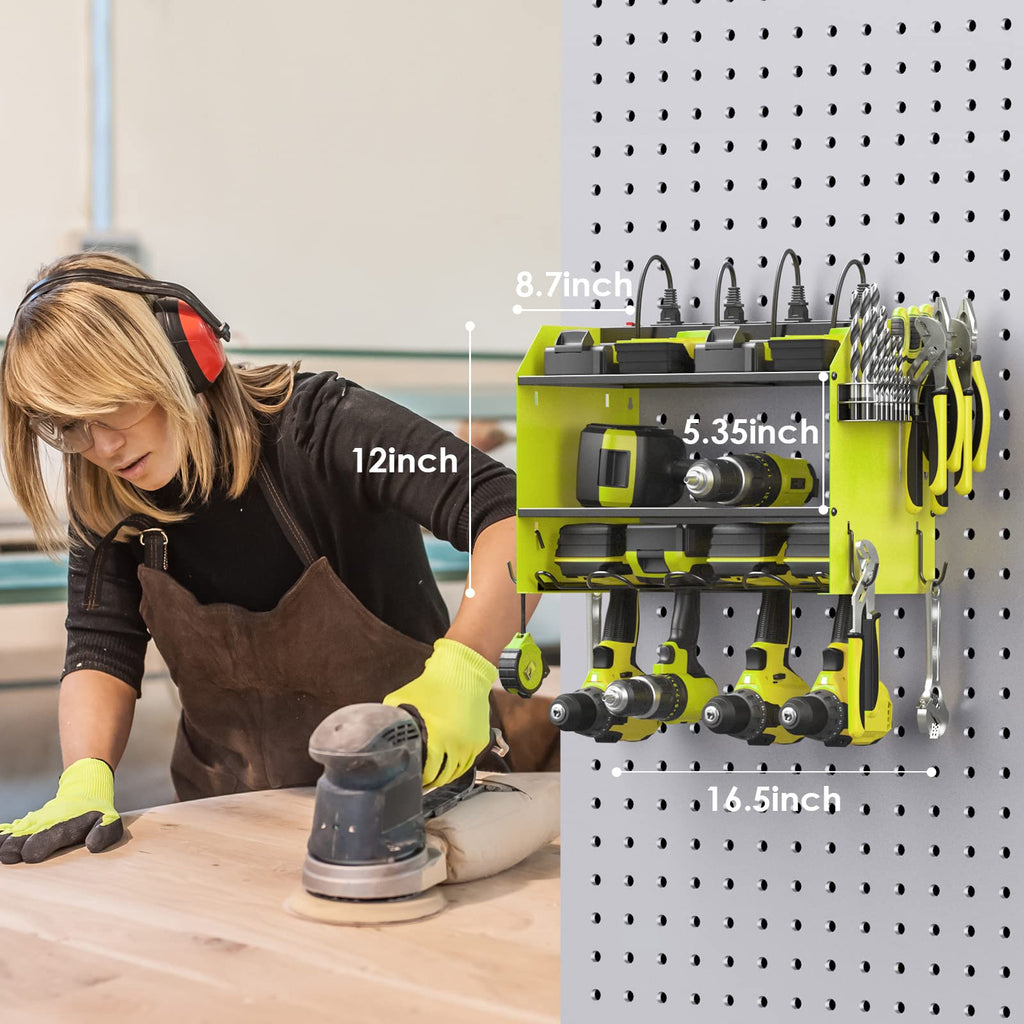 CCCEI Modular Power Tool Organizer Wall Mount with Charging Station. Garage Drill Storage Shelf with Hooks, Heavy Duty Rack, Tool Battery Holder Built in 8 Outlet. Gift for Men. Red, 1 Pack.