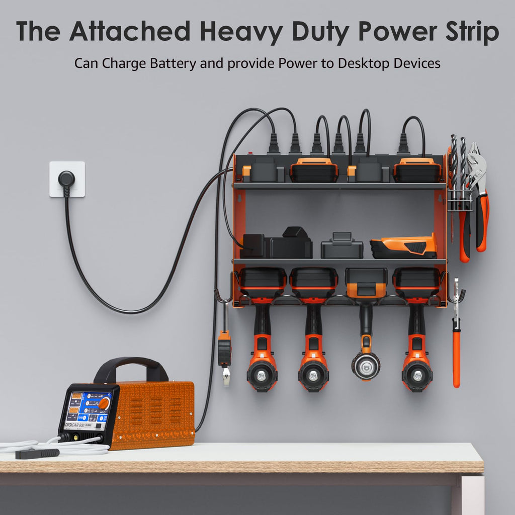 CCCEI Modular Power Tool Organizer Wall Mount with Charging Station. Garage Drill Storage Shelf with Hooks, Heavy Duty Rack, Tool Battery Holder Built in 8 Outlet. Gift for Men. Red, 1 Pack.
