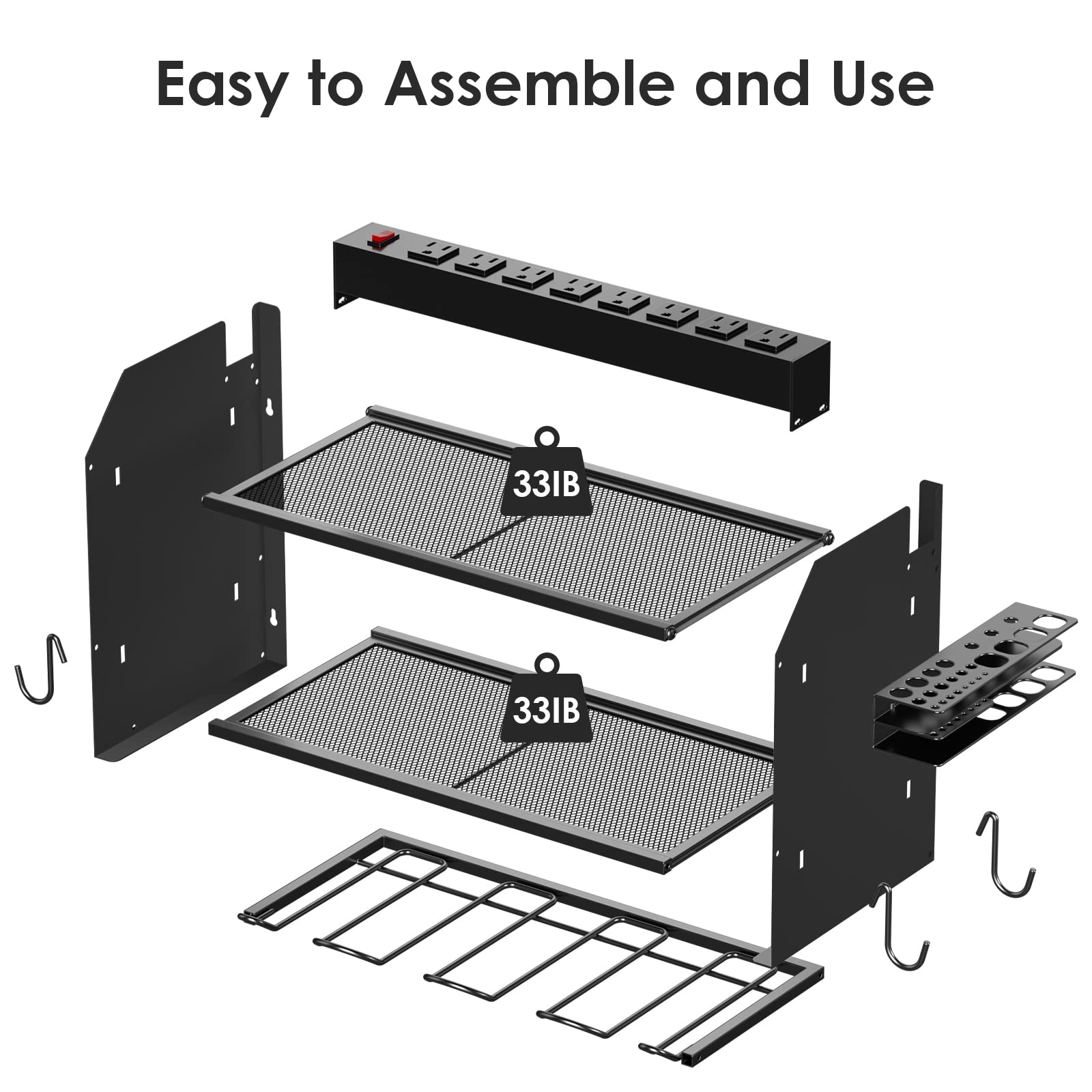 CCCEI Modular Power Tool Organizer Wall Mount with Charging Station. Garage Drill Storage Shelf with Hooks, Heavy Duty Rack, Tool Battery Holder Built in 8 Outlet. Gift for Men. Red, 1 Pack.