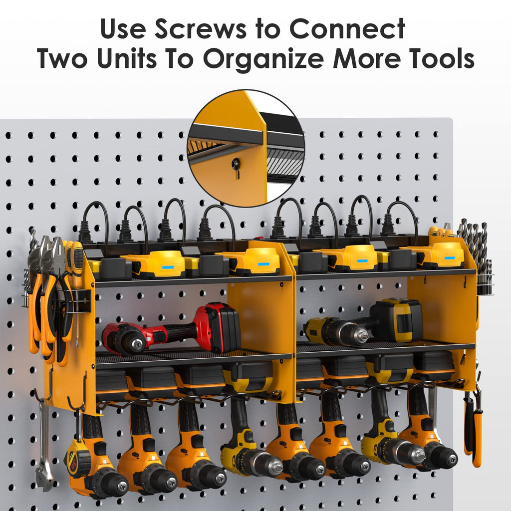 CCCEI Modular Power Tool Organizer Wall Mount with Charging Station. Garage Drill Storage Shelf with Hooks, Heavy Duty Rack, Tool Battery Holder Built in 8 Outlet. Gift for Men. Red, 1 Pack.