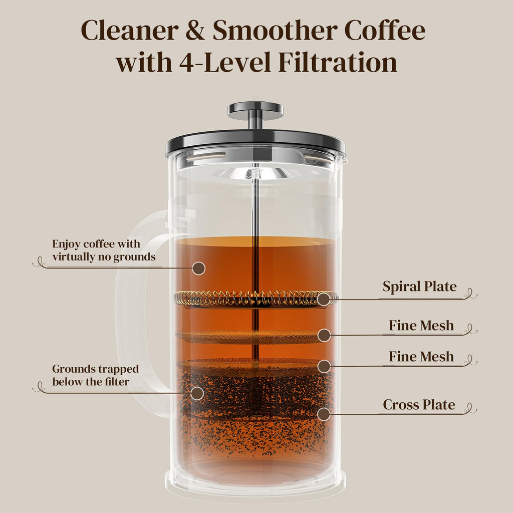 Veken French Press Coffee Maker 34oz 1 L, No Plastic Touching Cafe, Heat Resistant Thickened Borosilicate Glass, Stainless Steel Brewer, Cold Brew Cafetera Teapot for Kitchen Travel Camping, Copper