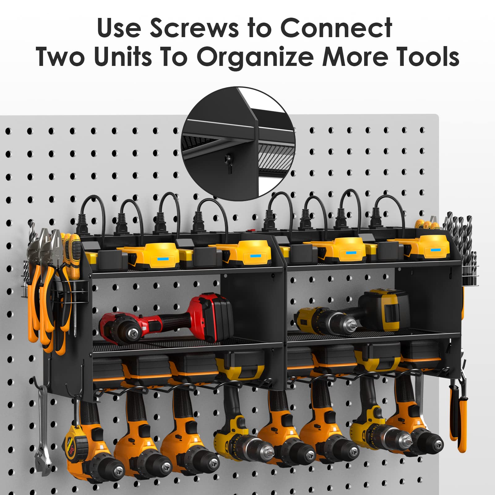 CCCEI Modular Power Tool Organizer Wall Mount with Charging Station. Garage Drill Storage Shelf with Hooks, Heavy Duty Rack, Tool Battery Holder Built in 8 Outlet. Gift for Men. Red, 1 Pack.