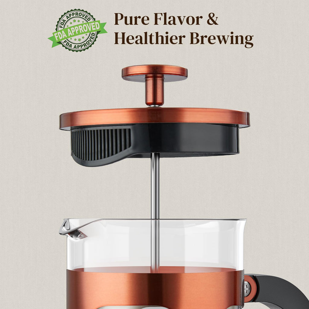 Veken French Press Coffee Maker 34oz 1 L, No Plastic Touching Cafe, Heat Resistant Thickened Borosilicate Glass, Stainless Steel Brewer, Cold Brew Cafetera Teapot for Kitchen Travel Camping, Copper