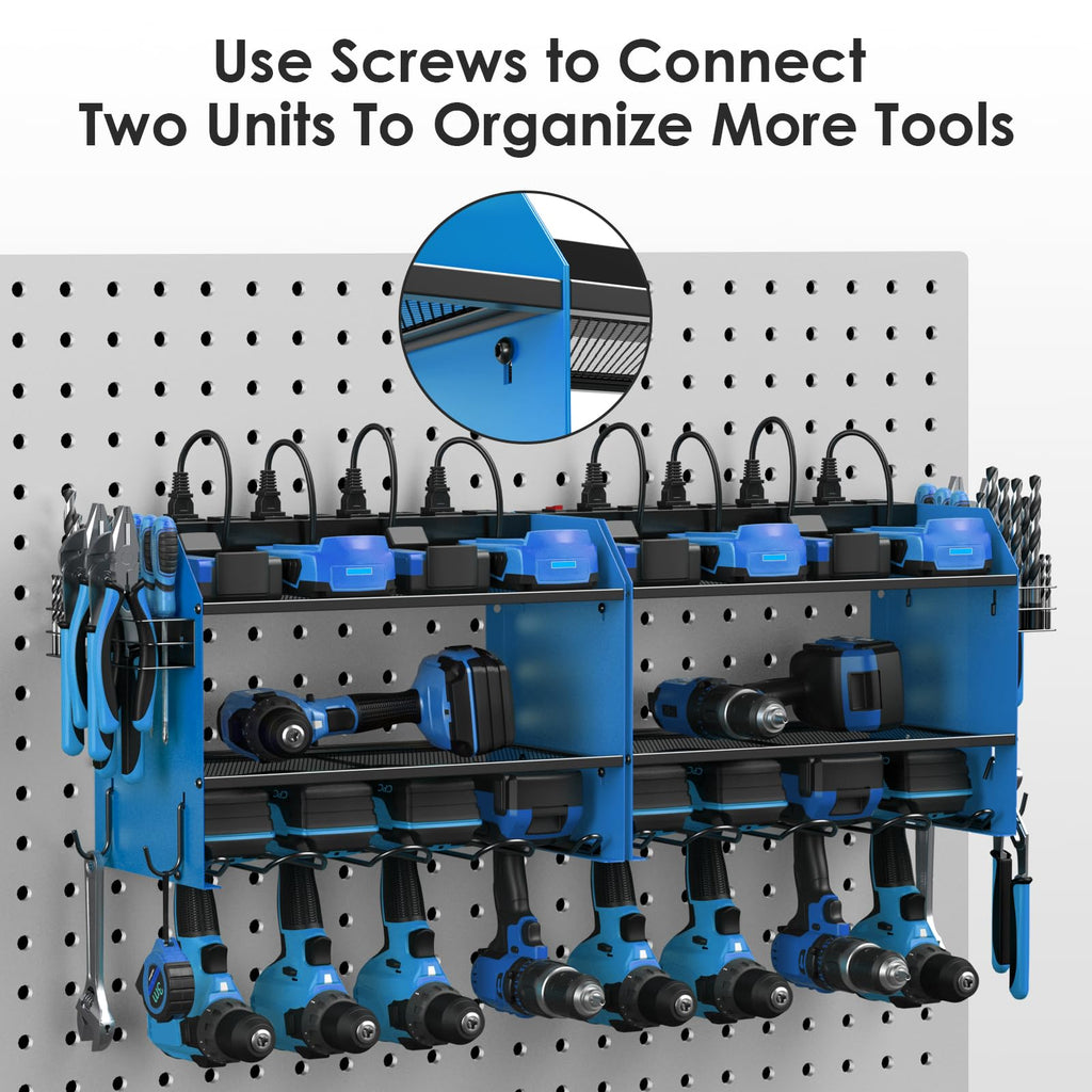 CCCEI Modular Power Tool Organizer Wall Mount with Charging Station. Garage Drill Storage Shelf with Hooks, Heavy Duty Rack, Tool Battery Holder Built in 8 Outlet. Gift for Men. Red, 1 Pack.