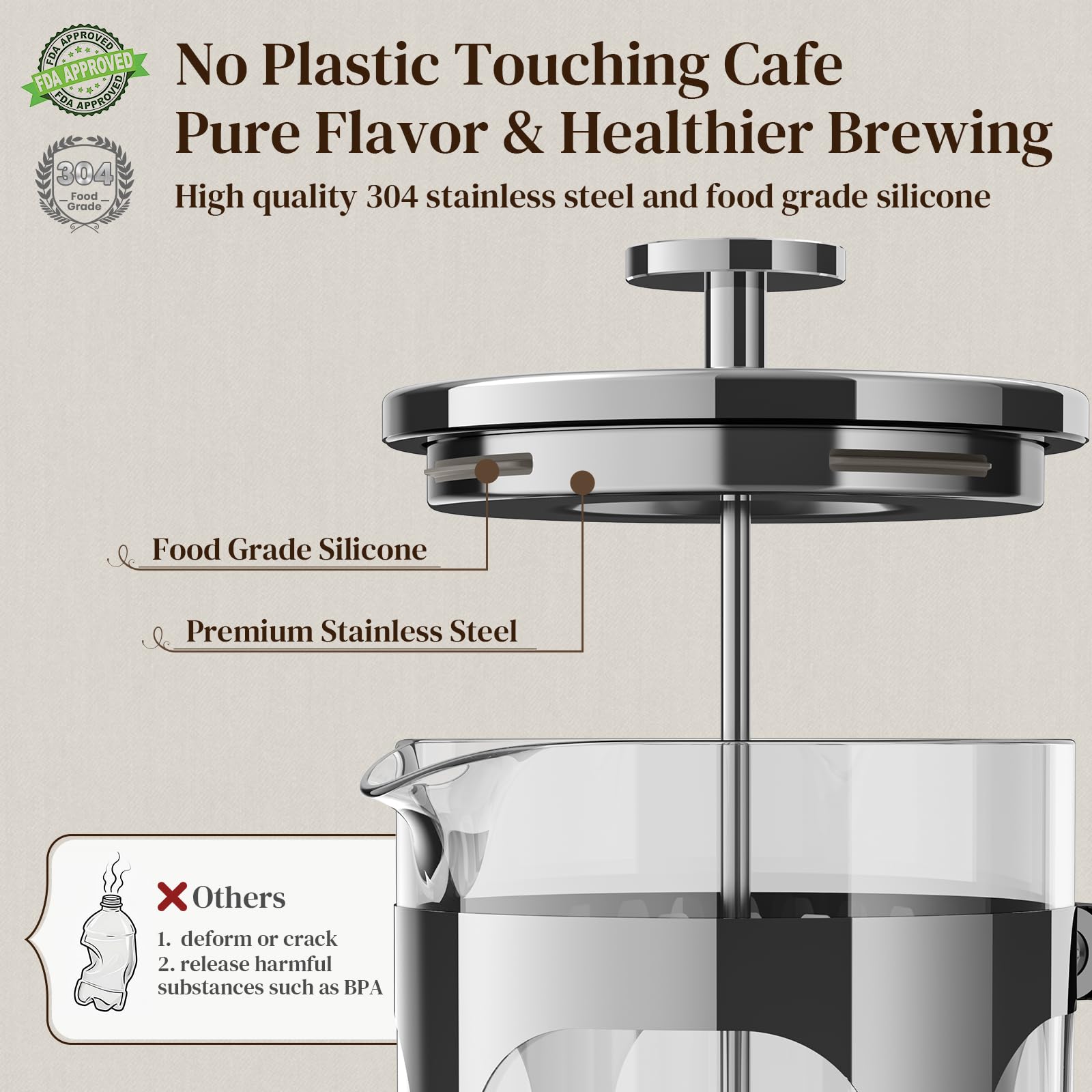Veken French Press Coffee Maker 34oz 1 L, No Plastic Touching Cafe, Heat Resistant Thickened Borosilicate Glass, Stainless Steel Brewer, Cold Brew Cafetera Teapot for Kitchen Travel Camping, Copper