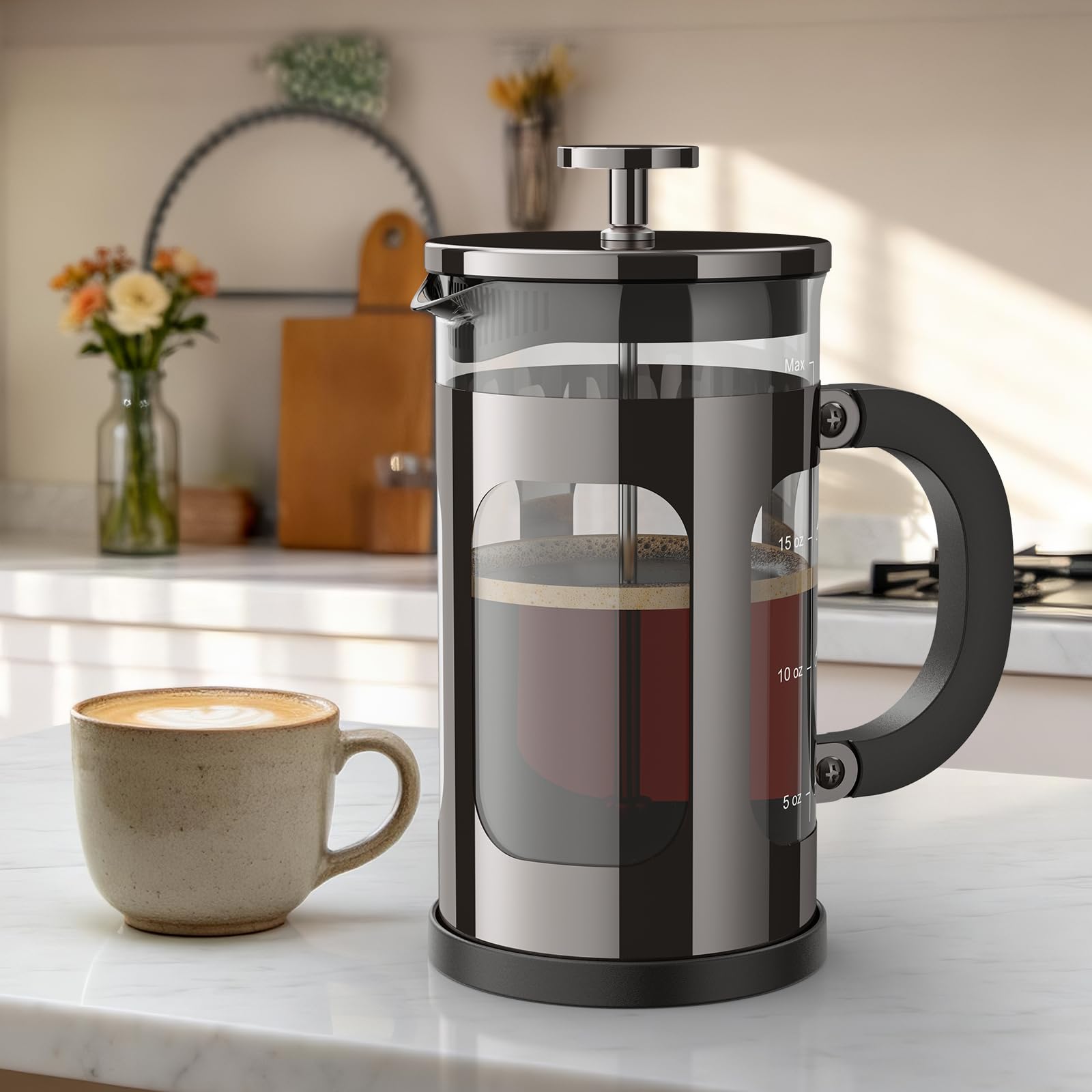 Veken French Press Coffee Maker 34oz 1 L, No Plastic Touching Cafe, Heat Resistant Thickened Borosilicate Glass, Stainless Steel Brewer, Cold Brew Cafetera Teapot for Kitchen Travel Camping, Copper