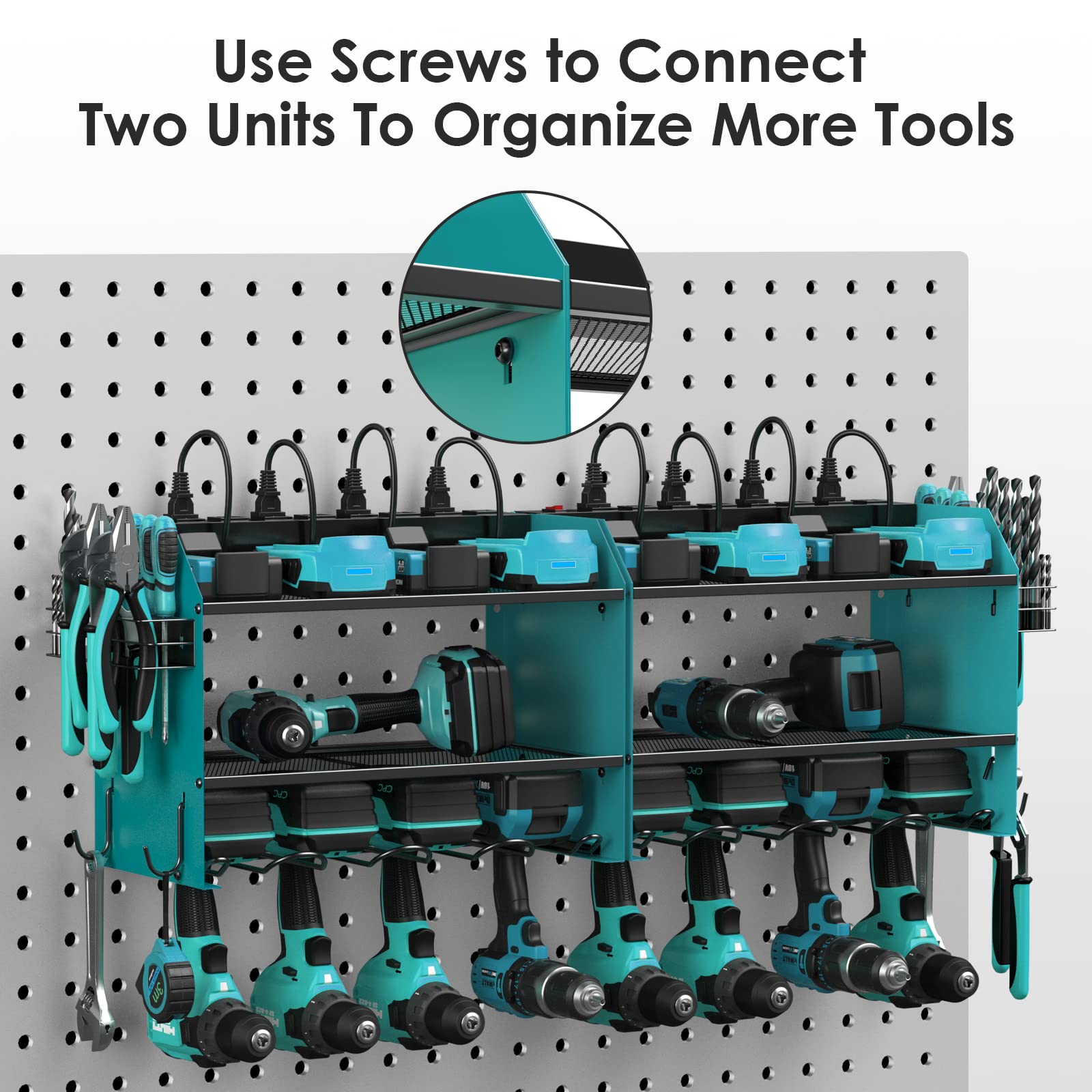 CCCEI Modular Power Tool Organizer Wall Mount with Charging Station. Garage Drill Storage Shelf with Hooks, Heavy Duty Rack, Tool Battery Holder Built in 8 Outlet. Gift for Men. Red, 1 Pack.