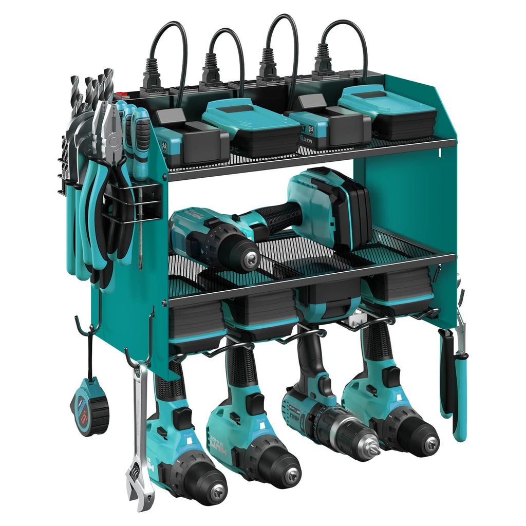 CCCEI Modular Power Tool Organizer Wall Mount with Charging Station. Garage Drill Storage Shelf with Hooks, Heavy Duty Rack, Tool Battery Holder Built in 8 Outlet. Gift for Men. Red, 1 Pack.