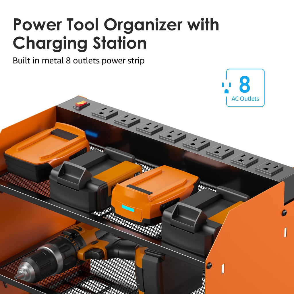 CCCEI Modular Power Tool Organizer Wall Mount with Charging Station. Garage Drill Storage Shelf with Hooks, Heavy Duty Rack, Tool Battery Holder Built in 8 Outlet. Gift for Men. Red, 1 Pack.