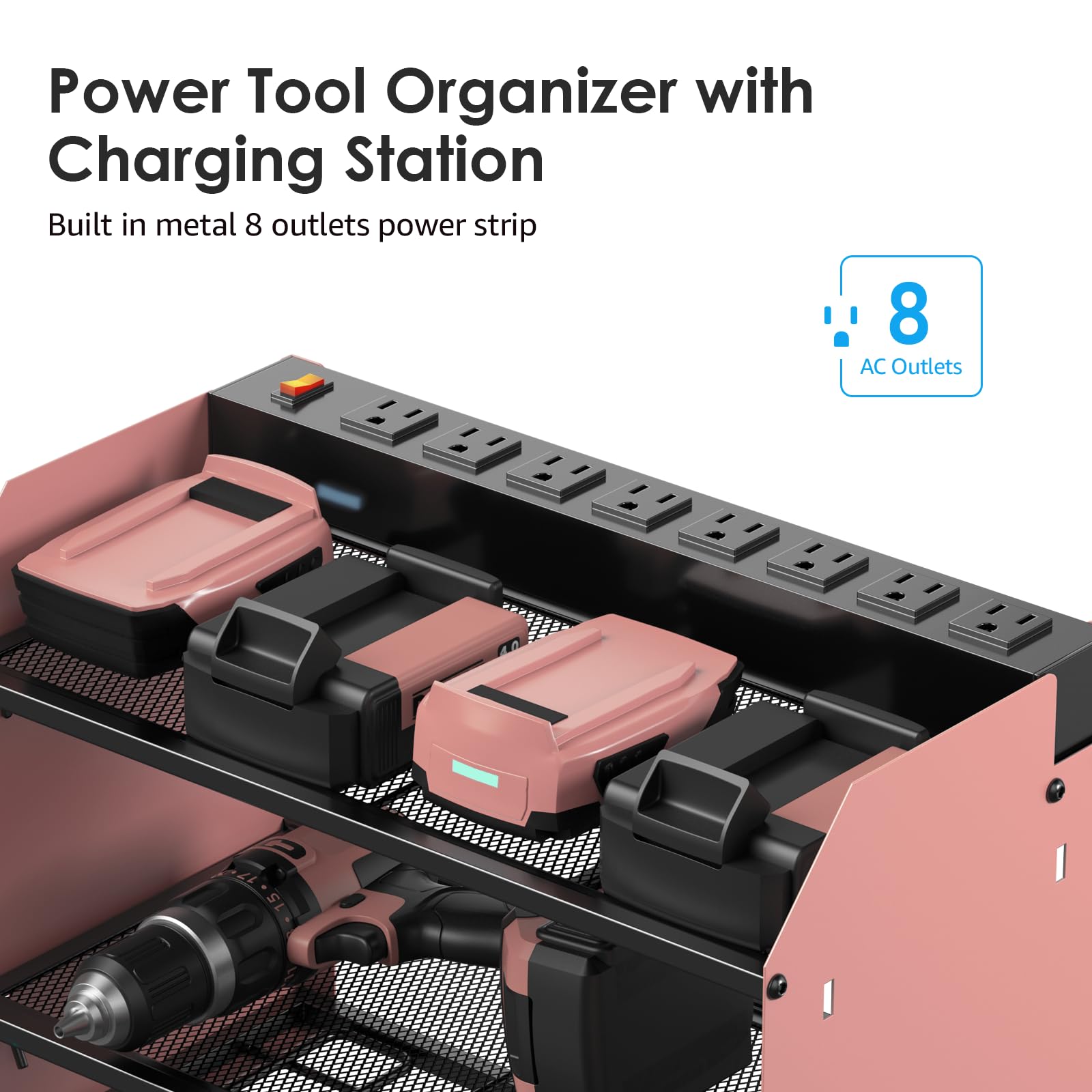CCCEI Modular Power Tool Organizer Wall Mount with Charging Station. Garage Drill Storage Shelf with Hooks, Heavy Duty Rack, Tool Battery Holder Built in 8 Outlet. Gift for Men. Red, 1 Pack.