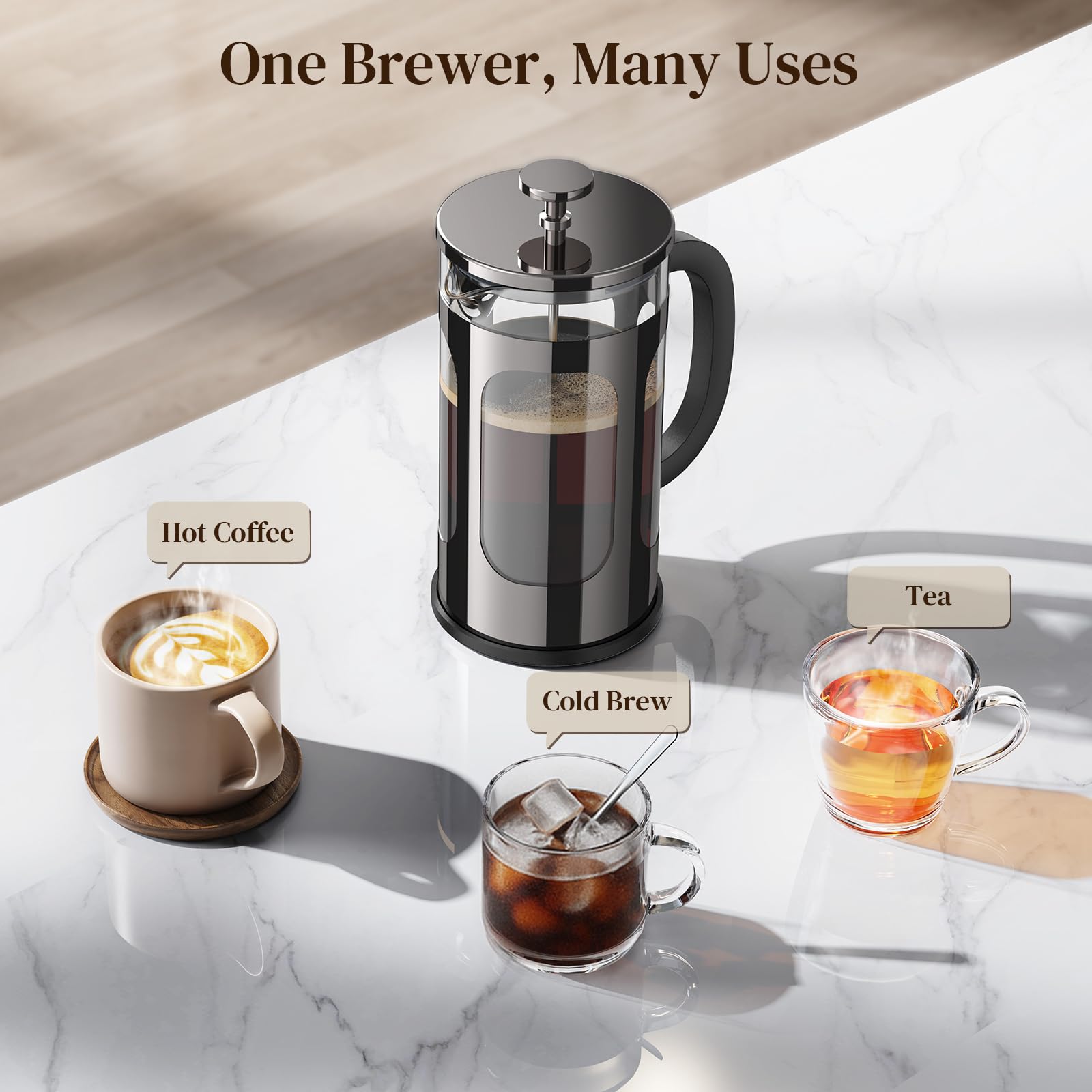 Veken French Press Coffee Maker 34oz 1 L, No Plastic Touching Cafe, Heat Resistant Thickened Borosilicate Glass, Stainless Steel Brewer, Cold Brew Cafetera Teapot for Kitchen Travel Camping, Copper