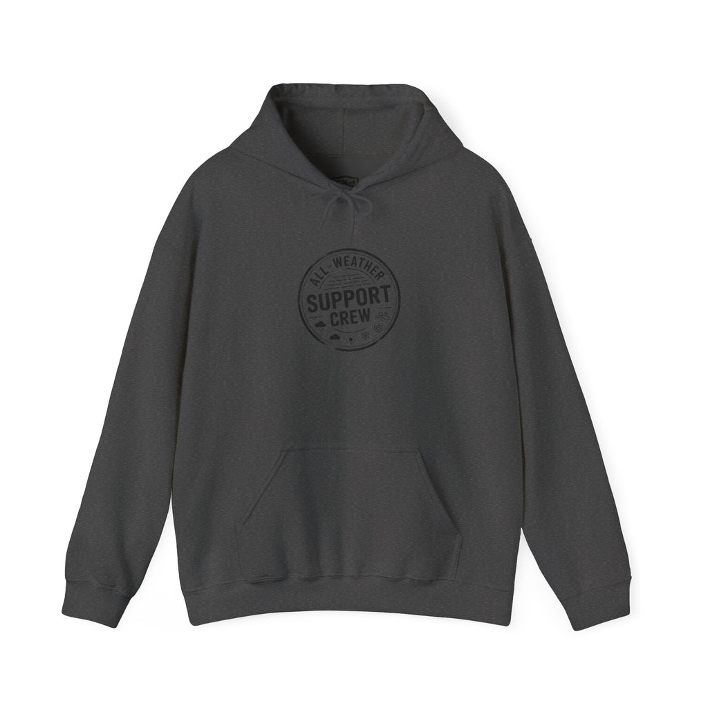All-Weather Support Crew Badge Hoodie — Rugged Outdoor Weather Stamp