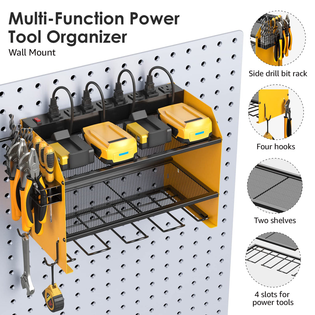 CCCEI Modular Power Tool Organizer Wall Mount with Charging Station. Garage Drill Storage Shelf with Hooks, Heavy Duty Rack, Tool Battery Holder Built in 8 Outlet. Gift for Men. Red, 1 Pack.