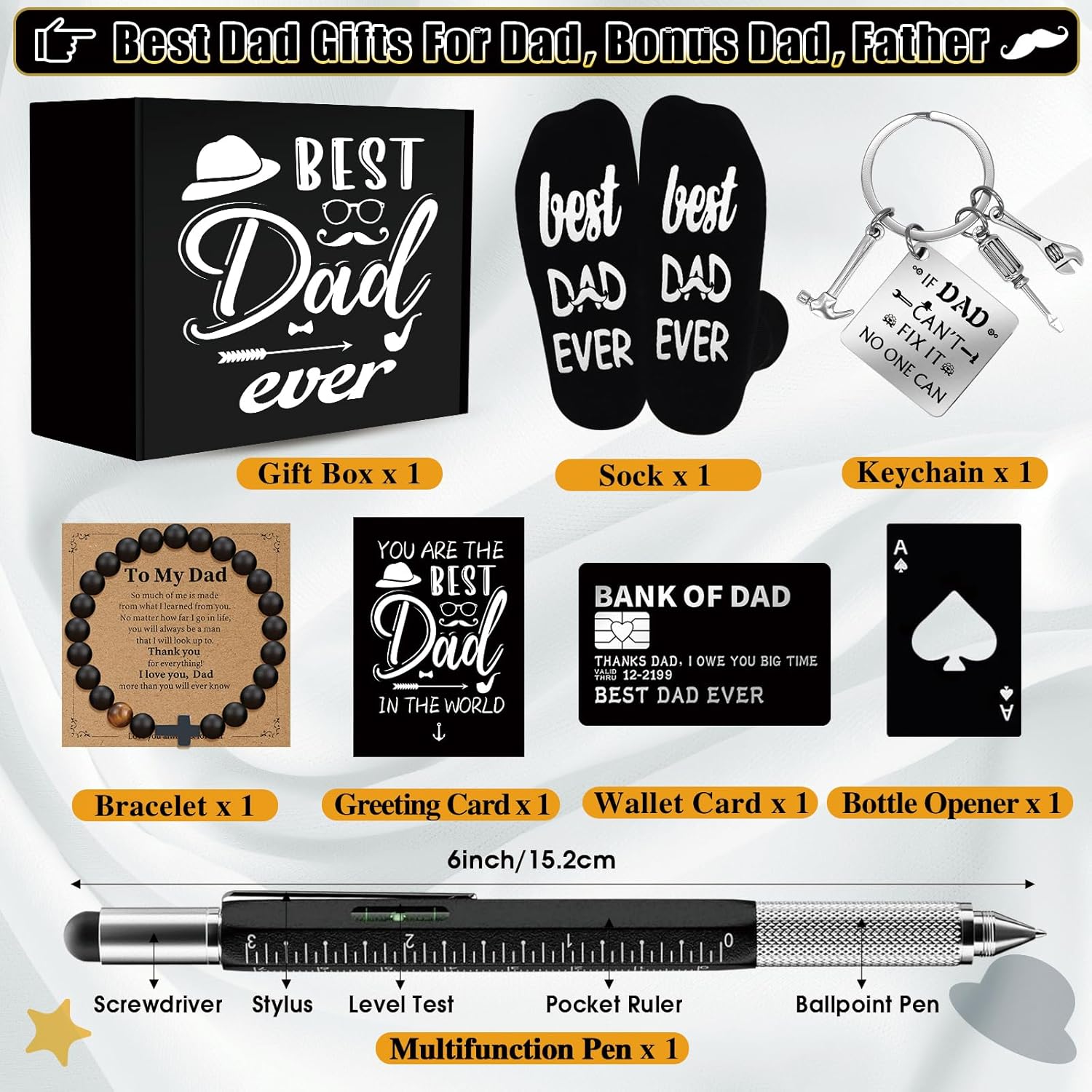 11 Pcs Best Dad Ever Gift, Father's Day Gifts, Dad Gifts for Men with 20 Oz Tumbler Socks Baseball Cap Tape Measure Bracelet Wallet Card Keychain, Fathers Day Birthday Christmas Gift for Dad Husband