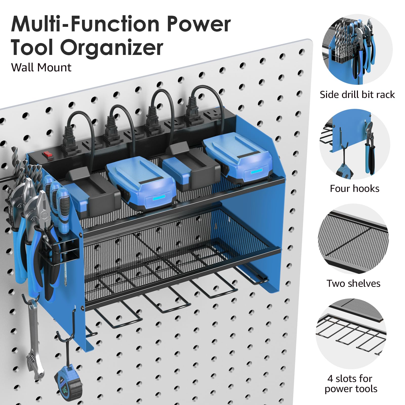 CCCEI Modular Power Tool Organizer Wall Mount with Charging Station. Garage Drill Storage Shelf with Hooks, Heavy Duty Rack, Tool Battery Holder Built in 8 Outlet. Gift for Men. Red, 1 Pack.