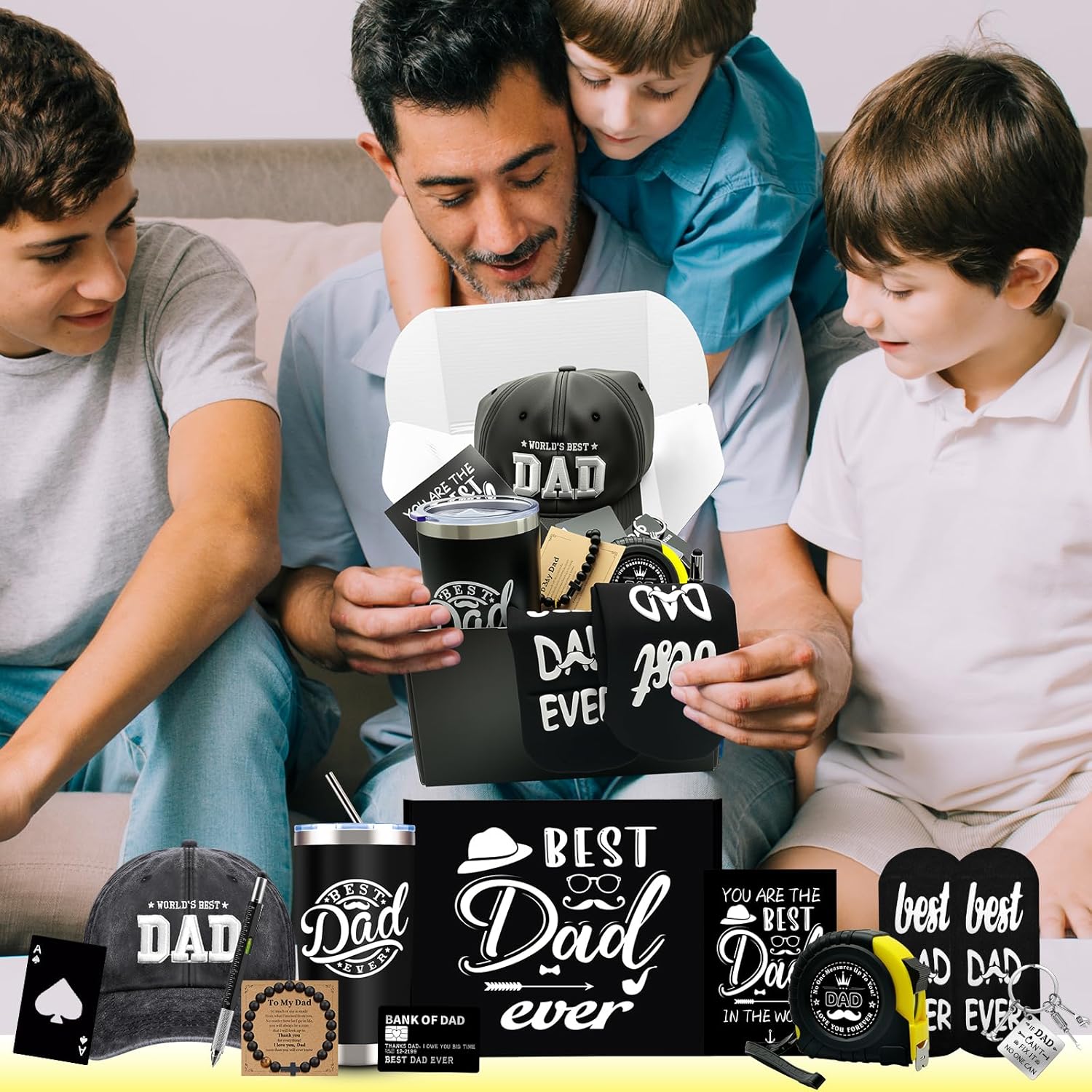11 Pcs Best Dad Ever Gift, Father's Day Gifts, Dad Gifts for Men with 20 Oz Tumbler Socks Baseball Cap Tape Measure Bracelet Wallet Card Keychain, Fathers Day Birthday Christmas Gift for Dad Husband