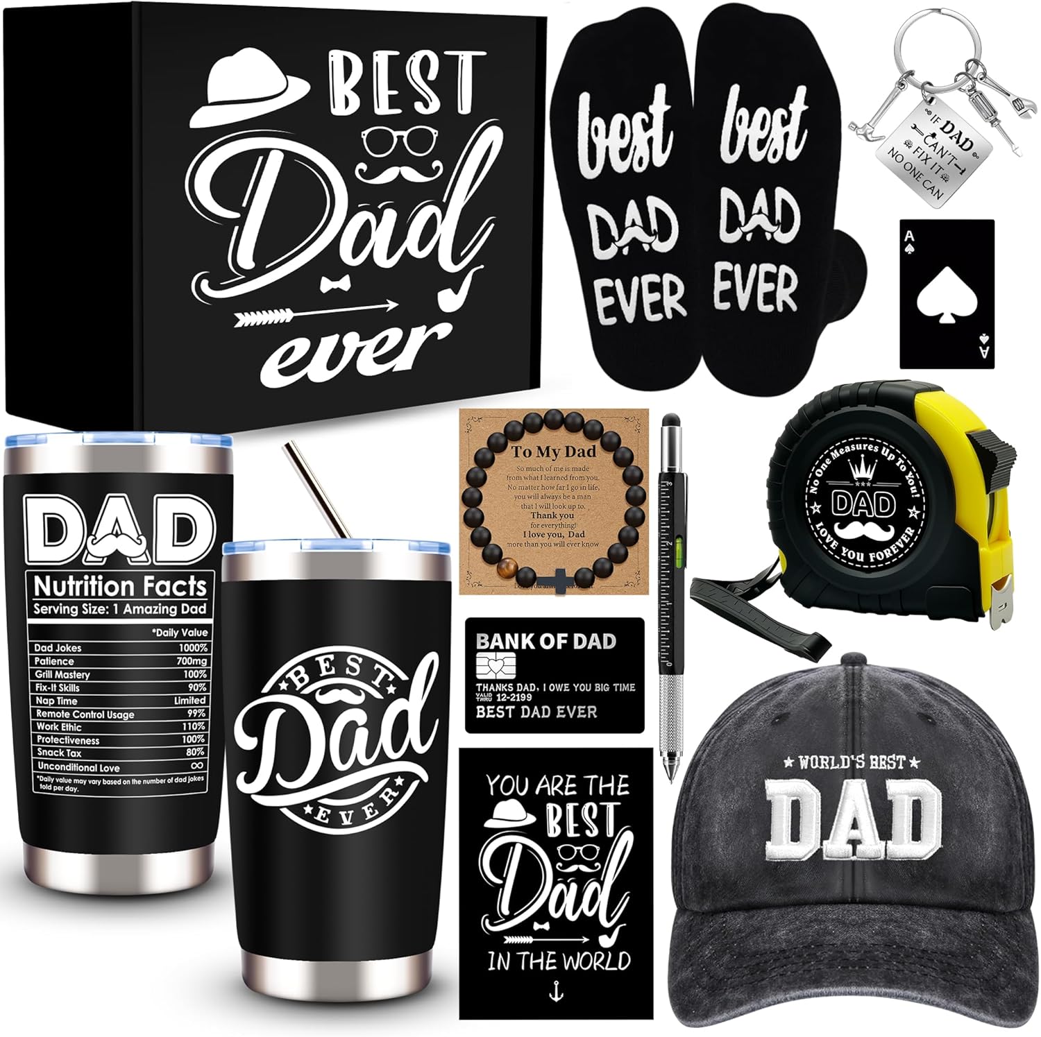 11 Pcs Best Dad Ever Gift, Father's Day Gifts, Dad Gifts for Men with 20 Oz Tumbler Socks Baseball Cap Tape Measure Bracelet Wallet Card Keychain, Fathers Day Birthday Christmas Gift for Dad Husband