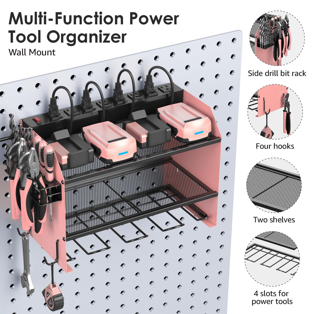 CCCEI Modular Power Tool Organizer Wall Mount with Charging Station. Garage Drill Storage Shelf with Hooks, Heavy Duty Rack, Tool Battery Holder Built in 8 Outlet. Gift for Men. Red, 1 Pack.
