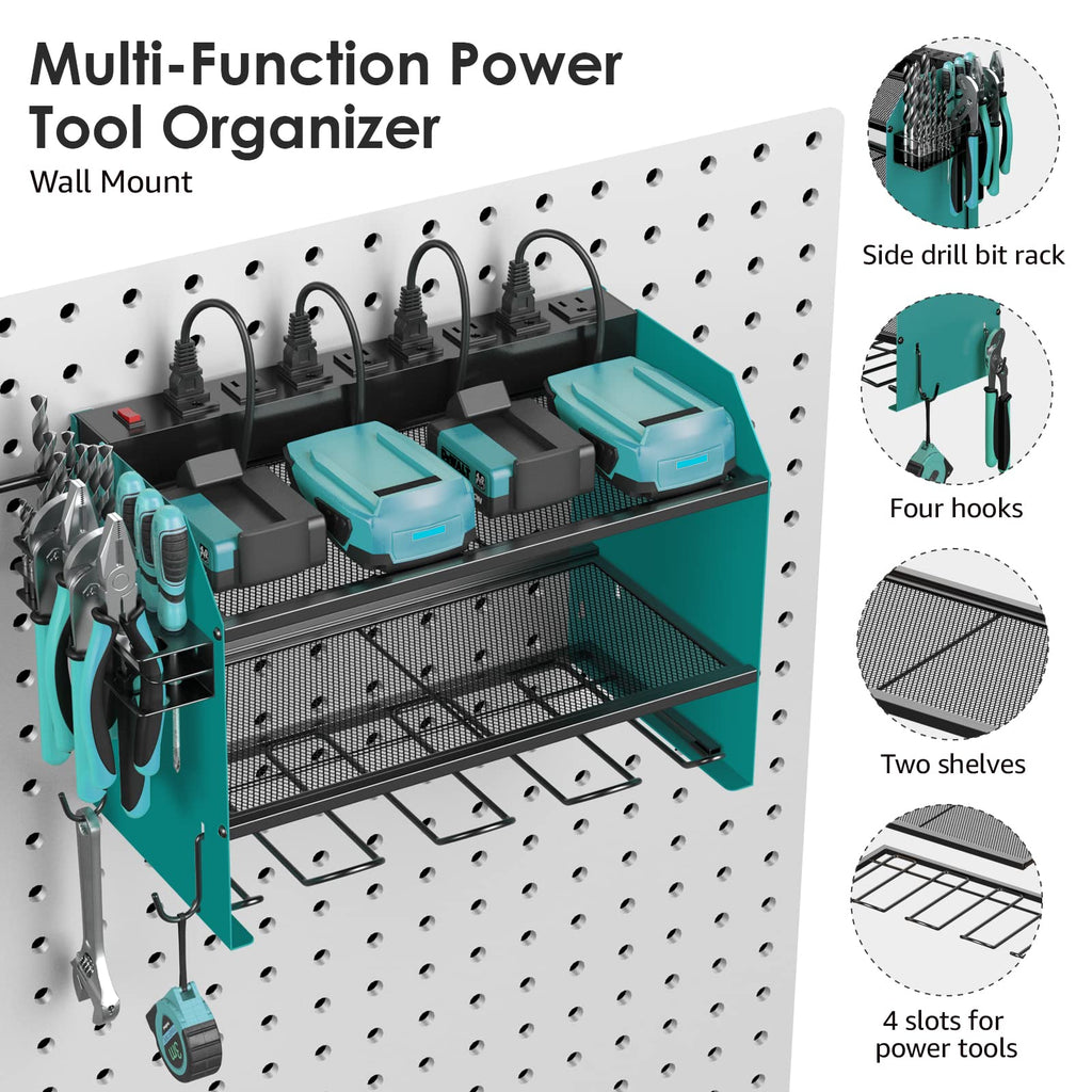 CCCEI Modular Power Tool Organizer Wall Mount with Charging Station. Garage Drill Storage Shelf with Hooks, Heavy Duty Rack, Tool Battery Holder Built in 8 Outlet. Gift for Men. Red, 1 Pack.
