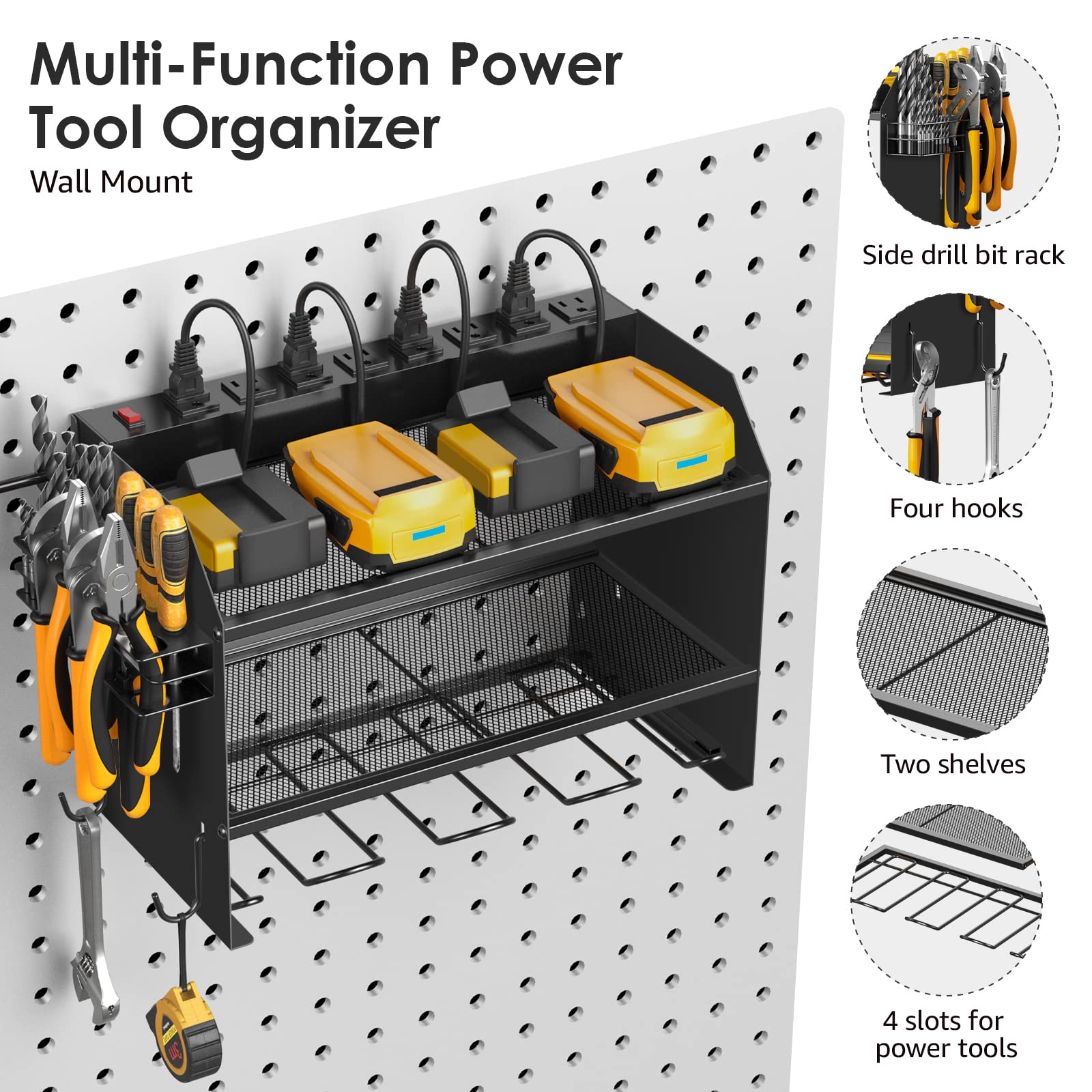 CCCEI Modular Power Tool Organizer Wall Mount with Charging Station. Garage Drill Storage Shelf with Hooks, Heavy Duty Rack, Tool Battery Holder Built in 8 Outlet. Gift for Men. Red, 1 Pack.