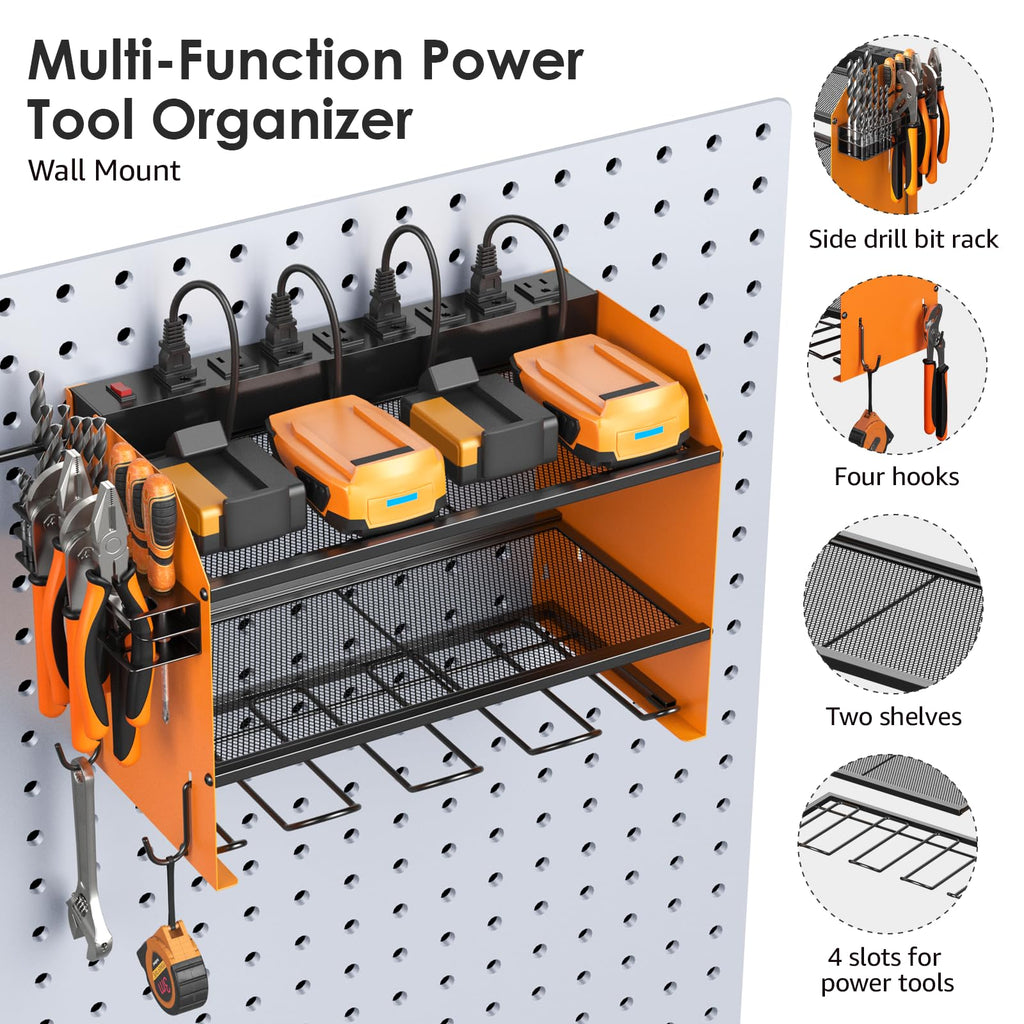 CCCEI Modular Power Tool Organizer Wall Mount with Charging Station. Garage Drill Storage Shelf with Hooks, Heavy Duty Rack, Tool Battery Holder Built in 8 Outlet. Gift for Men. Red, 1 Pack.