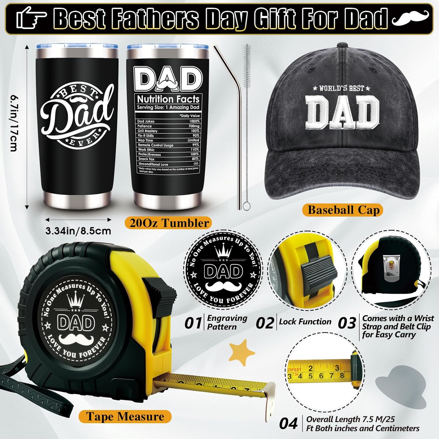 11 Pcs Best Dad Ever Gift, Father's Day Gifts, Dad Gifts for Men with 20 Oz Tumbler Socks Baseball Cap Tape Measure Bracelet Wallet Card Keychain, Fathers Day Birthday Christmas Gift for Dad Husband